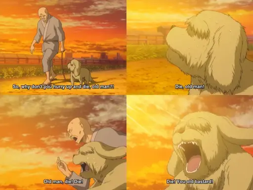A series of images showing an old, feeble man walking a shaggy dog during sunset on a grassy dirt path with buildings in the background. The dog looks at the man and says "So, why don't you hurry up and die, old man!? Die, old man! Old man, die! Die! Die! You old bastard!"